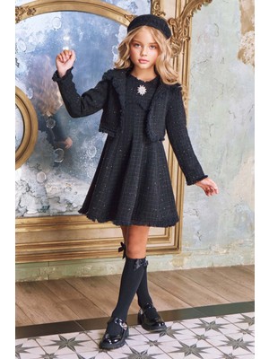 Riccotarz Kız Çocuk Bilekleri Tüylü Kare Desenli Hırka Göğsünde Elmas Taş Detaylı Kolsuz Siyah Chanel Elbise