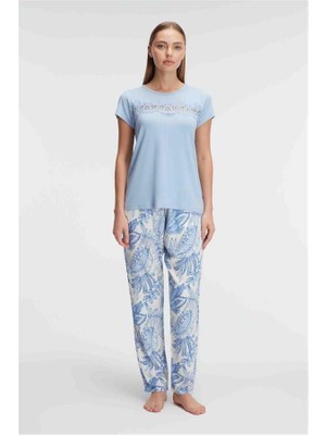 Aesco Anıl 9885 Kısa Kol Bisiklet Yaka Kadın Viskon Çiçek Desenli Yazlık Örme Dantel Detaylı Pijama Takımı