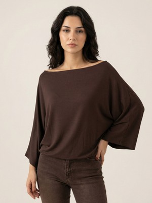 Okka Moda Kayık Yaka Yarasa Kol Bluz Kahverengi