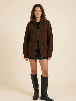 Okka Moda Kahve Çift Fermuarlı Hırka