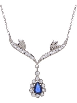 Nagiss Lacivert Damla Zirkon Taşlı 925 Ayar Gümüş Melek Kanatlı Model Kadın Kolye