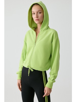 Urban Beat Tıanna Kadın Kapüşonlu Uzun Kollu Fermuarlı Relaxed Fıstık Yeşili Sweatshirt