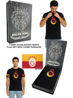Galatasaray Lisanslı Logo Baskılı Siyah T-Shirt Bayrak ve Lazer Kutu Hediyeli