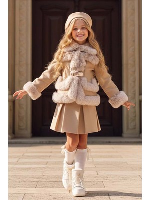 Riccotarz Kız Çocuk Kenarları Kürk ve Çift Kemer Detaylı Etekli Krem Palto