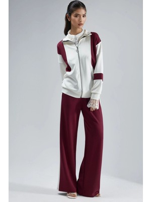 Hiccup Kadın Modal Dokulu Renk Bloklu Fermuarlı Yaka Geniş Paça Ikili Takım Berşan Collection Bordo Kırmızı