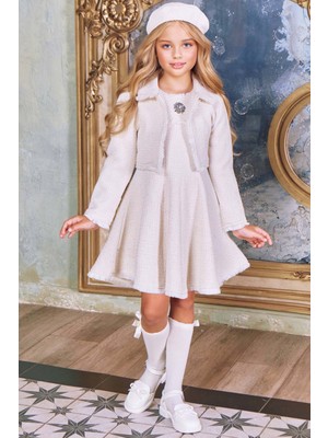 Riccotarz Kız Çocuk Bilekleri Tüylü Kare Desenli Hırka Göğsünde Elmas Taş Detaylı Kolsuz Beyaz Chanel Elbise