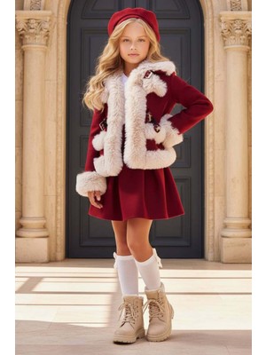 Riccotarz Kız Çocuk Kenarları Kürk ve Çift Kemer Detaylı Etekli Bordo Palto