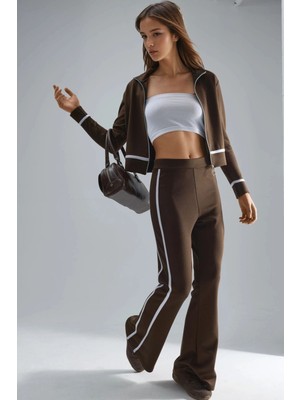 Hiccup Kadın Modal Dokulu Fermuarlı Sweatshirt ve Ispanyol Paça Pantolon Ikili Takım Berşan Collection Kahve Kahvesi