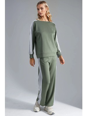 Hiccup Kadın Modal Dokulu Fermuarlı Sweatshirt ve Ispanyol Paça Pantolon Ikili Takım Berşan Collection Zeytin Yeşili