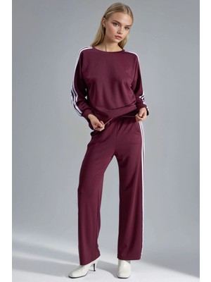 Hiccup Kadın Modal Dokulu Fermuarlı Sweatshirt ve Ispanyol Paça Pantolon Ikili Takım Berşan Collection Bordo Kırmızı