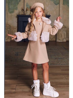 Riccotarz Kız Çocuk Yakası ve Kol Uçları Peluş Detaylı Ceket Kalın Asklı Süet Kolsuz Bej Elbise