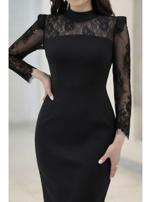 Mareandpanda Kadın Uzun Kollu Balıkçı Yaka Dantel Detaylı Midi Ithal Krep Elbise