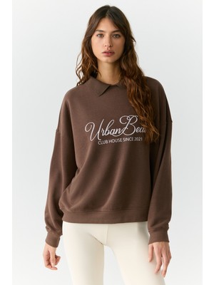 Urban Beat Alexıa Kadın Triko Gömlek Yakalı Baskı Detaylı Relaxed Kahverengi Sweatshirt
