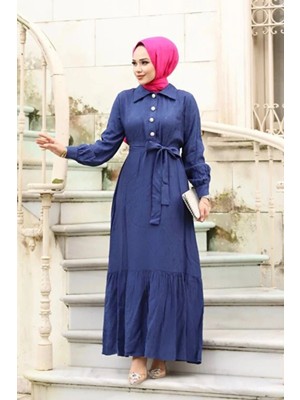 Tesettür Diyarı Jakarlı Gömlek Yaka Kuşaklı Tesettür Elbise- Lacivert