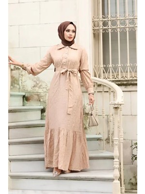 Tesettür Diyarı Jakarlı Gömlek Yaka Kuşaklı Tesettür Elbise- Vizon