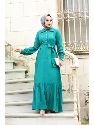 Tesettür Diyarı Jakarlı Gömlek Yaka Kuşaklı Tesettür Elbise- Turkuaz