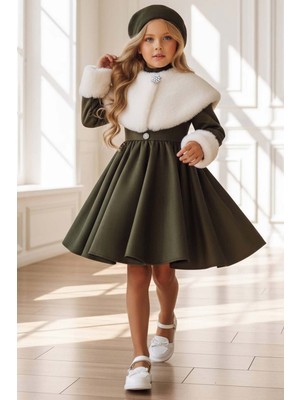 Riccotarz Kız Çocuk Peluş Şal ve Bileklik Detaylı Şapkalı Süet Haki Abiye