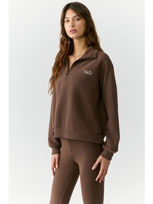 Urban Beat Emıya Kadın Dik Yaka Fermuarlı Relaxed Kahverengi Sweatshirt