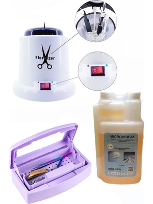 Ellea Nail 100 W Sterılızasyon Makinesi ve Microvem Dezenfektan Sıvı 1 Lt Asansörlü Steril Kutusu S