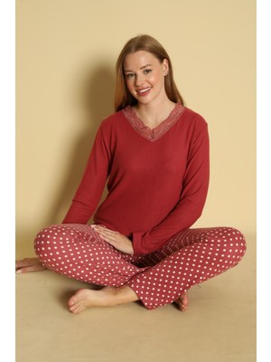 Dofi Kadın Kiraz Rengi Dantel Detaylı Yumuşak Dokulu Pijama Takımı