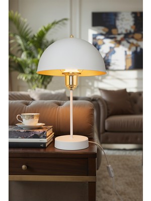 Roma Abajur Beyaz Ayak - Gold Kuka / Beyaz Içi Gold Şapka