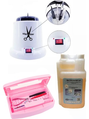 Ellea Nail 100 W Sterılızasyon Makinesi ve Microvem Dezenfektan Sıvı 1 Lt Asansörlü Steril Kutusu S