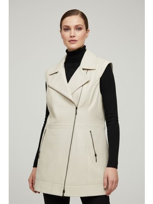 Beyaz Maude Kolları Trikolu Çıkabilir Uzun Fermuarlı Astarlı Hakiki Deri Kadın Yelek