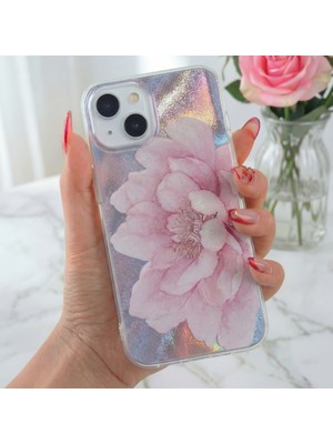 iPhone 13/14/15 Kılıf Hologramlı Mor Şakayık Çiçeği Desenli Darbe Emici Kamera Korumalı Silikon