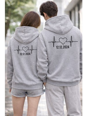 Shain Kişiye Özel Tarih Baskılı Sevgililer Günü Hediyesi Çift Kombin Gri Kapşonlu Sweatshirt