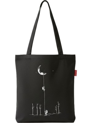 Baghashtag Aydan İnen Astronot Baskılı Siyah Bez Çanta