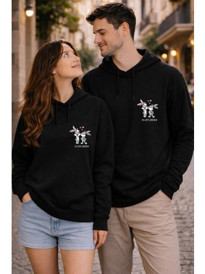Shain Kişiye Özel Tarih Baskılı Sevgililer Günü Hediyesi Çift Kombin Siyah Sweatshirt