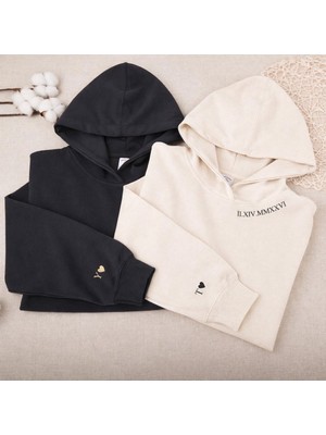 Shain Kişiye Özel Harf Tarih Yaka Baskılı Sevgililer Günü Hediyesi Çift Kombin Siyah Ekru Sweatshirt