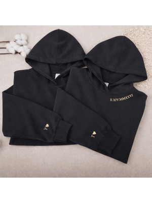 Shain Kişiye Özel Harf Tarih Yaka Baskılı Sevgililer Günü Hediyesi Çift Kombin Siyah Sweatshirt