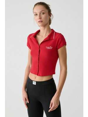 Urban Beat Kaela Kadın Triko Polo Yaka Düğmeli Kısa Kollu Baskı Detaylı Kırmızı T-Shirt