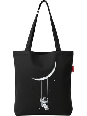 Baghashtag Siyah Bez Çanta  Ayda Sallanan Astronot