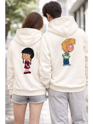 Shain Sevgililer Günü Hediyesi Çift Kombin Ekru Kapşonlu Sweatshirt