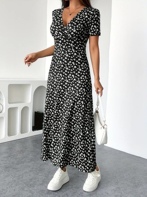 Dua Giyim Kadın Kısa Kollu Kruvaze Yakalı Çiçek Desenli Süprem Elbise