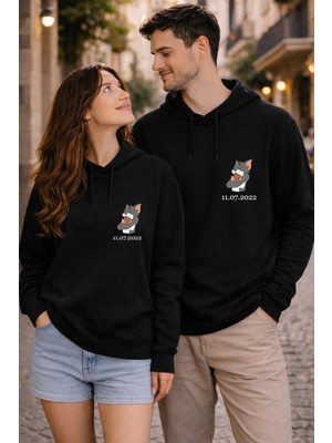 Shain Kişiye Özel Tarih Baskılı Sevgililer Günü Hediyesi Çift Kombin Siyah Sweatshirt