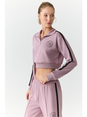 Urban Beat Helena Kadın Dik Yakalı Fermuarlı Küçük Baskı Motifli Crop Gül Kurusu Sweatshirt