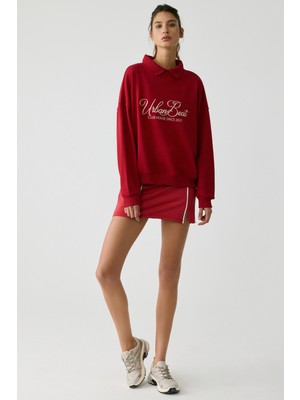 Urban Beat Steffı Kadın Triko Polo Yaka Baskı Detaylı Relaxed Kırmızı Sweatshirt
