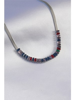 Zemira Home 316L Çelik Gümüş Renk Italyan Zincir Model Renkli Zirkon Taşlı Kadın Kolye