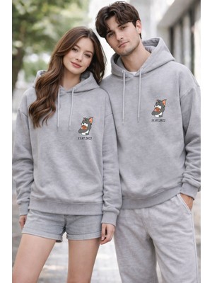 Shain Kişiye Özel Tarih Baskılı Sevgililer Günü Hediyesi Çift Kombin Gri Sweatshirt