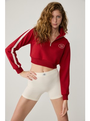 Urban Beat Helena Kadın Dik Yakalı Fermuarlı Küçük Baskı Motifli Crop Kırmızı Sweatshirt