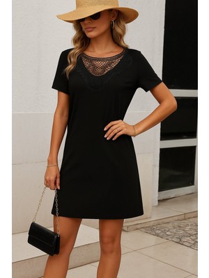 Dua Giyim Kadın Kısa Kollu Dantel Yakalı Kısa Viskon Elbise