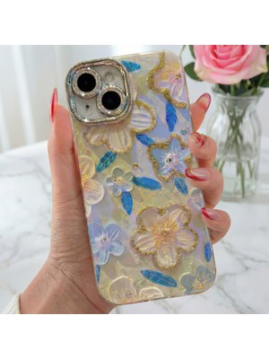 Fibaks iPhone 13 Kılıf Renk Geçişli Taşlı Kamera Lens Korumalı Simli Yeşil Çiçek Desenli Darbe Emici Kapak