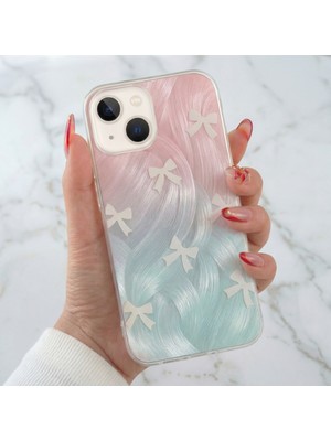 Apple iPhone 13 / 14 / 15 Kılıf Parlak Hologramlı Fiyonk Desenli Darbe Emici Kamera Çıkıntılı Renkli Silikon