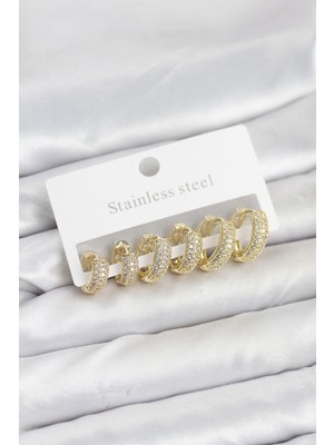 Clariss 316L Çelik Gold Renk Zirkon Taşlı Halka Küpe Seti