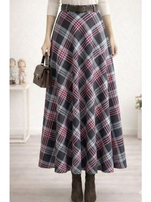 Harman Butik Kadın Pembe Ekose Desenli Etek