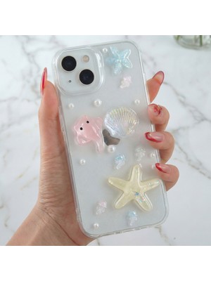Apple iPhone 13 - 14 - 15 Kılıf Şeffaf Simli Deniz Yıldızı Vatoz Deniz Kabuğu Desenli Silikon Kapak