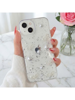 Apple iPhone 13/14 Uyumlu Kılıf Fiyonk ve Inci Desenli Şeffaf Simli Kamera Çıkıntılı Parlak Kapak